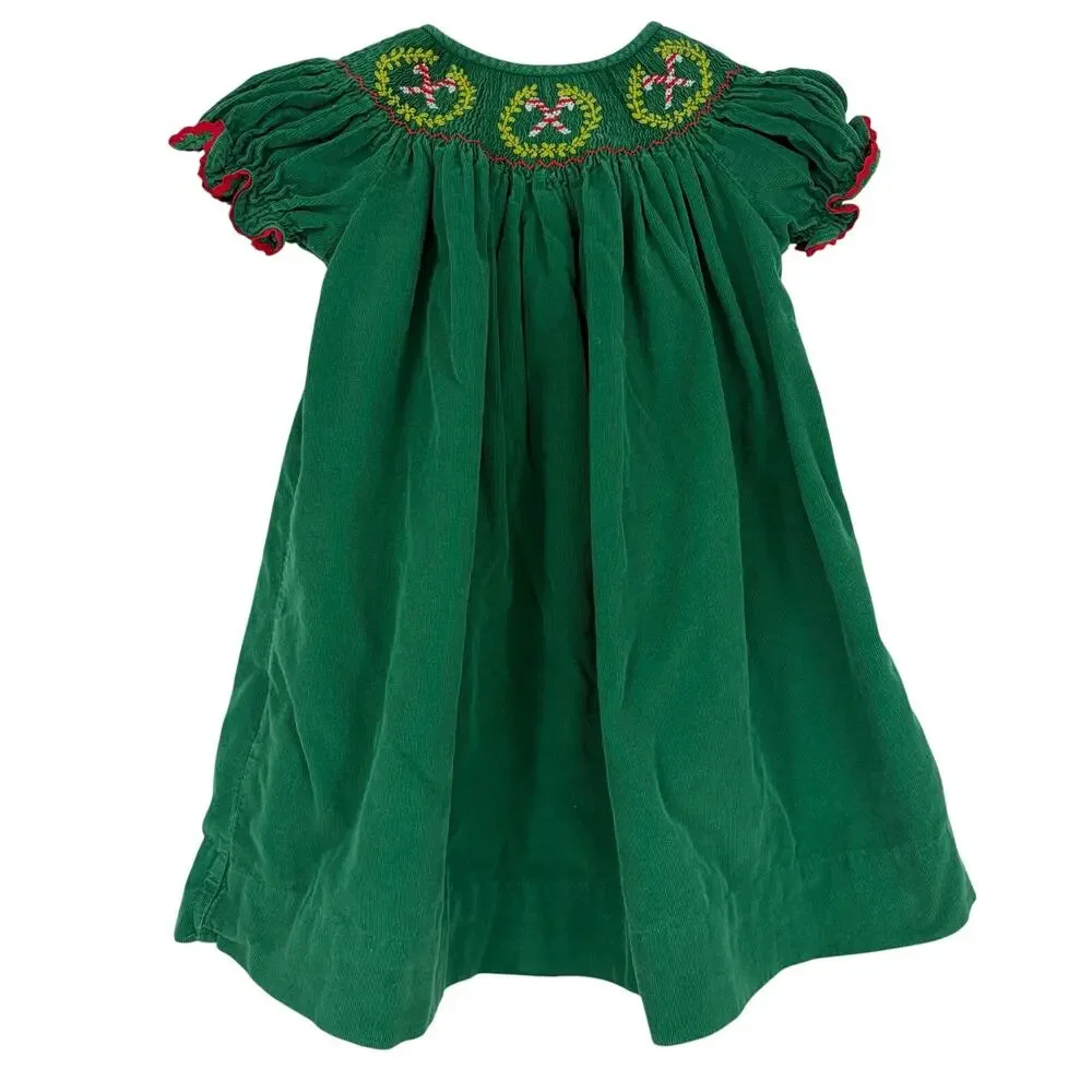 SmockaDot Kids Vintage Green Corduroy Smocked Embroidered Christmas Dress Size 6